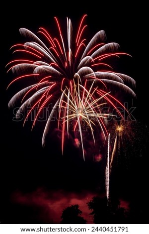 Explosions of vibrant colors light up night sky at a Fireworks Display during a 4th of July celebration.