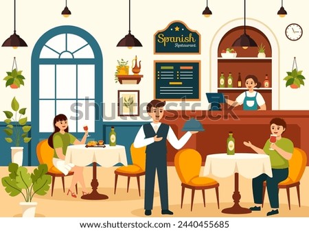 Spanish Restaurant Vector Illustration with Various of Food Menu Traditional Dish Typical Recipe and Cuisine in Flat Cartoon Background Design