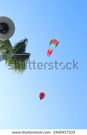 Colorful kites flying in the blue sky in summer.