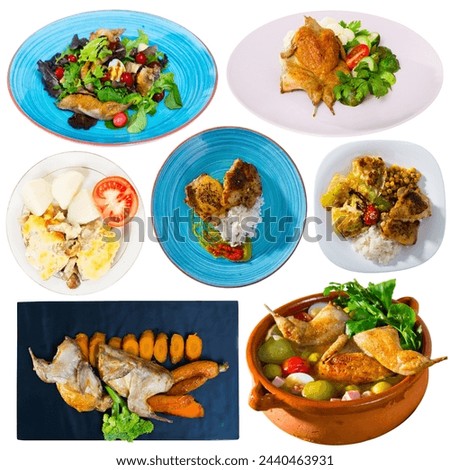 Set of dishes with cooked fried chicken and baked quail with different vegetables and greens