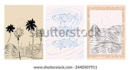 Collection of retro summer posters. Vintage Coastal Wall arts. Sea wave, tropical vibe. Inspiration quotes. Collection of interior posters. Editable vector illustration. 