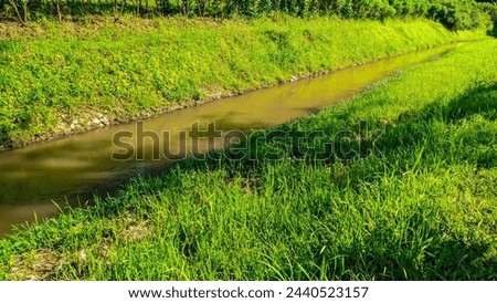 View of unspoiled Indonesian irrigation with green grass all around Royalty-Free Stock Photo #2440523157