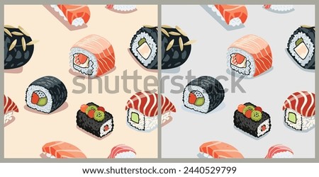 Seamless pattern with Sushi, asian food vector. Royalty-Free Stock Photo #2440529799