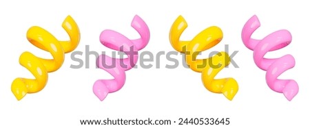 3D set yellow and pink spiral line on isolated background. Cartoon style. Stock vector illustration.