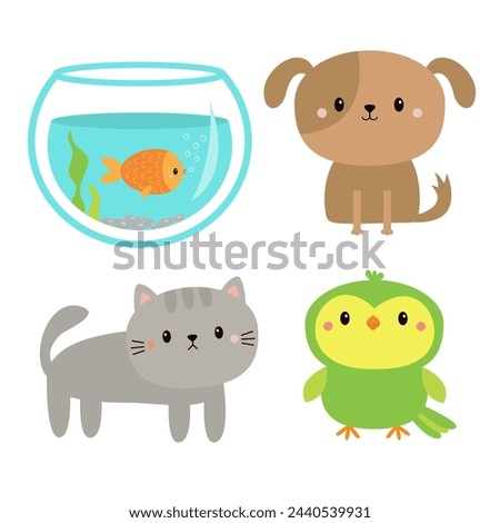 Pet set line. Cat, dog, fish aquarium, parrot bird. Cute cartoon kawaii funny baby character. Childish icon. Sticker print template. Flat design. White background. Isolated. Vector illustration