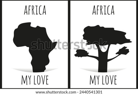 Africa postcard set with Baobab and continent on white background. Black simple silhouette symbol of Africa and Mainland in trendy cut out paper style. Vector illustration in minimalist style. EPS 10 Royalty-Free Stock Photo #2440541301
