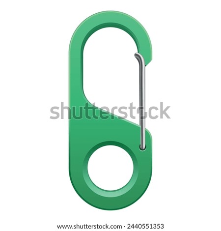 Green metallic carabiner clip hiking loop mechanism for safety realistic vector illustration. Climbing alpinism mountaineering protective link gear for rope connect extreme sport supply snap carbine