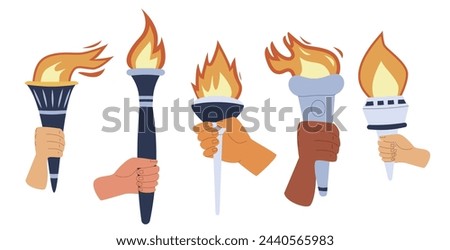 Flaming torches in hands set. Symbol of sport, games, victory and champion competition with different people race palm. Vector cartoon illustration isolated on white background.