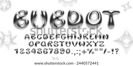 Y2K 3D font with metallic bubble letters, featuring halftone dots, 2000s influence, retro photocopy effect, glossy, shiny chrome alphabet for modern design Royalty-Free Stock Photo #2440572441