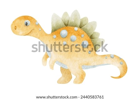 Cute orange dinosaur. Isolated hand drawn watercolor illustration of dino. A clipart of Centrosaurus for children's invitation cards, baby shower, decoration of kid's rooms and clothes.