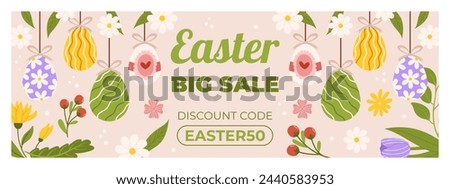 Easter sale horizontal banner template for promotion. Design with  painted eggs hanging by a string, flowers and leaves. Spring seasonal advertising. Hand drawn flat vector illustration Royalty-Free Stock Photo #2440583953