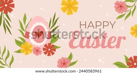 Easter horizontal background template. Design for celebration spring holiday with flowers and painted egg. Royalty-Free Stock Photo #2440583961