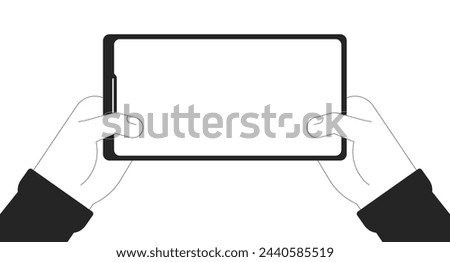 Holding smartphone with blank screen cartoon human hands outline illustration. Device with internet access 2D isolated black and white vector image. Mobile phone flat monochromatic drawing clip art