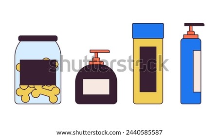 Dog cosmetics and treats 2D linear cartoon objects set. Animal grooming studio supplies isolated line vector elements white background. Taking care about pets color flat spot illustration collection