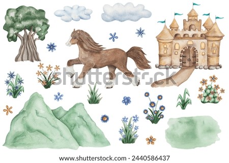 Watercolor set of illustrations. Hand painted brown running horse Clydesdale. Mare, stallion. Green mountain, grass, flowers, clouds, tree. Palace, castle, mansion. Isolated nature, animal clip art