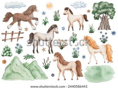 Watercolor set of illustrations. Hand painted horse herd. Mare, stallion, foal. Clydesdale, palomino, pony. Cartoon animals. Nature, green tree, mountain, grass, flowers, fence. Isolated clip art