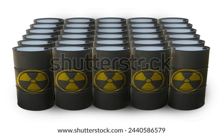 Radioactive waste storage tank old metal black barrel with yellow sign   isolated on white back ground. This has clipping path. 