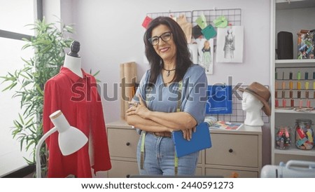 Confident hispanic woman tailor with arms crossed in a vibrant atelier surrounded by mannequin, threads, and sketches.