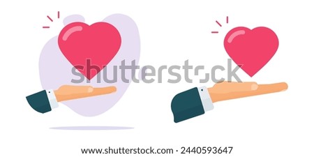 Hand give love heart icon graphic, palm taking like donation illustration set, idea of kindness goodness gift, charity support flat cartoon, receiving help present image clip art