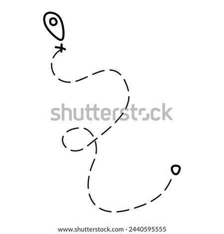 Line path on Map. Vector Doodle Treasure Route with Start point, transfer point and Destination. Outline Clip art icon with Track in black and white. Line Art Illustration for Coloring book, Design.