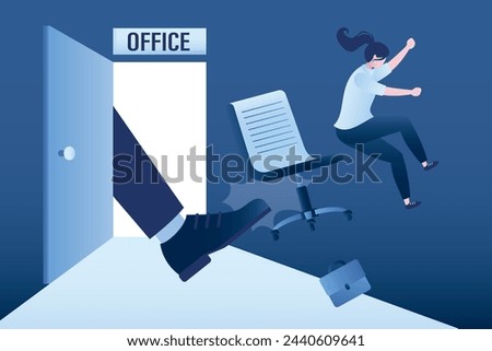 Open office door, female employee kicked out of work. Dismissal of staff. Unemployment, concept. Staff reduction, fired manager. Unhappy businesswoman flying with chair and briefcase. Flat vector Royalty-Free Stock Photo #2440609641