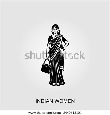 Indian women saree clipart Indian woman wearing bridal outfit. Black and white vector illustration