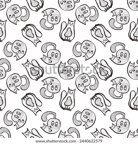 Hand drawn black pencil and marker cats seamless pattern isolated on white background. Can be used for textile, fabric and other printed products