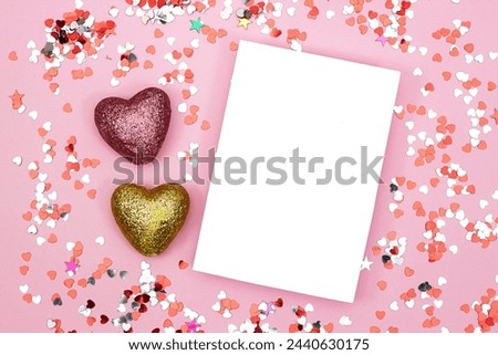 Wedding invitation card mockup  yellow and pink heart toy confetti glitter on pink yellow. Blank card mockup