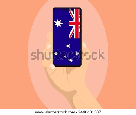 Australia flag on mobile phone screen, holding smartphone, advertising social media or banner concept, Australia flag showing on phone screen, technology news idea