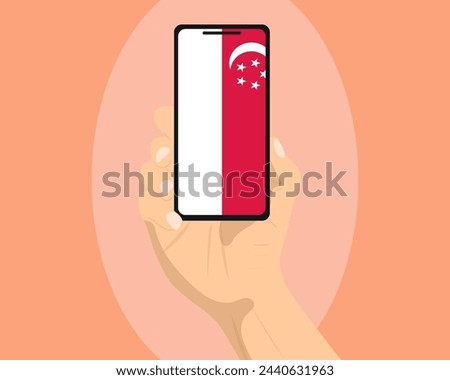 Singapore flag on mobile phone screen, holding smartphone, advertising social media or banner concept, Singapore flag showing on phone screen, technology news idea