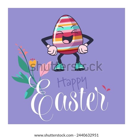Easter poster with happy Holiday personage Groovy egg character among spring flower Royalty-Free Stock Photo #2440632951