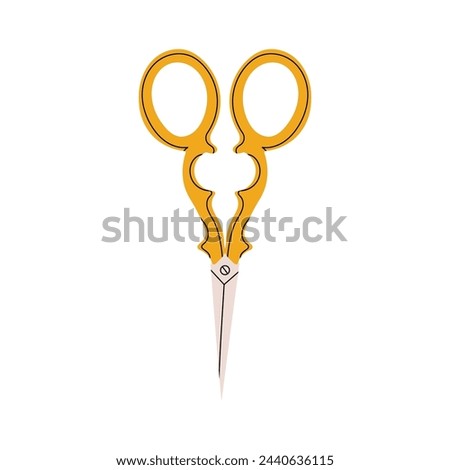 Metal vintage scissors in the shape of a butterfly with yellow handles. Tools for sewing, manicure and needlework in cartoon style. Stock vector illustration.