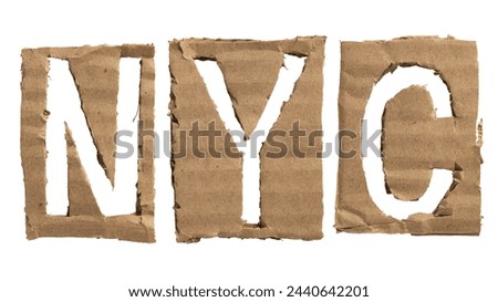 NYC, an abbreviation for New York city, letters crafted from a cardboard on white background with clipping path