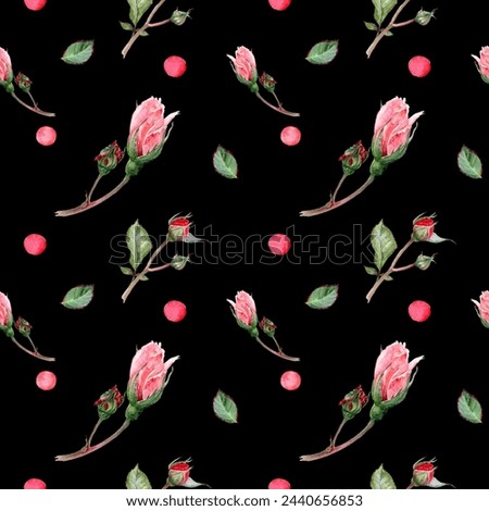 Hand-painted watercolor pink and cream roses, buds, leaves, bouquets with gypsophila