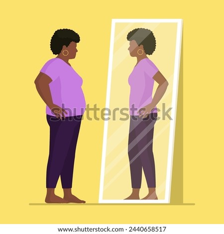 Woman looking at the mirror and seeing herself thinner, identity concept