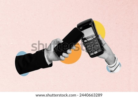 Creative photo collage picture human hand hold smartphone cashless payment terminal purchase online buyer drawing background