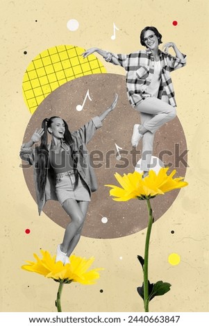 Vertical banner collage photo of two young people dance wear casual cloth isolated on painting yellow color background