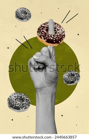 Creative abstract template graphics image of palm holding finger inside donut isolated drawing background