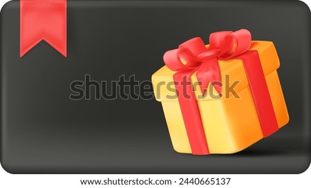 Gift card template. Black banner with golden present box. Vector illustration