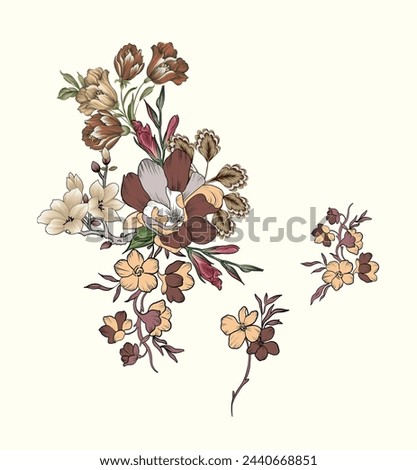 Vector branch with spring flowers. Realistic fruit tree branch. Detailed hand drawn clip art element isolated on dark background for your design, postcards, advertising, social media posts, textile