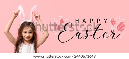 Easter banner with little girl wearing bunny ears  