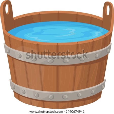 Wooden bucket full of clean water cartoon icon isolated on white background