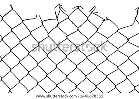 The texture of the metal mesh on a white background. Torn steel, metal mesh with holes. fence