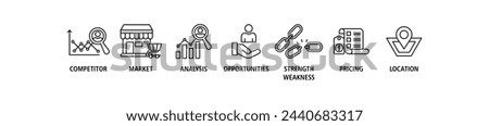 Competitor analysis web icon set vector illustration concept with icon of competitor, market, analysis, opportunities, strength weakness, pricing, location