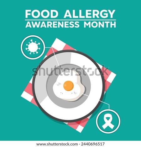 Food Allergy Awareness Month. Egg, virus, ribbon and more. Great for cards, banners, posters, social media and more. Easy blue background. 