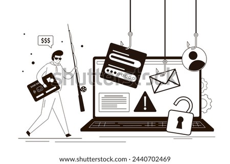 Cyber thief, hacker uses fishing rod and hooks for stealing passwords and information. Phishing account data on computer laptop, cyber security and crime concept. Monochrome linear vector illustration
