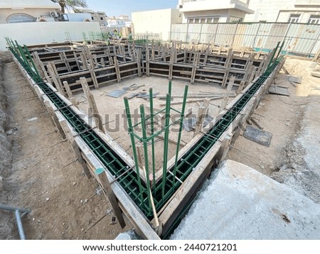 Ground beam shuttering work and ground beam reinforcement work of building, building sub structure work Royalty-Free Stock Photo #2440721201