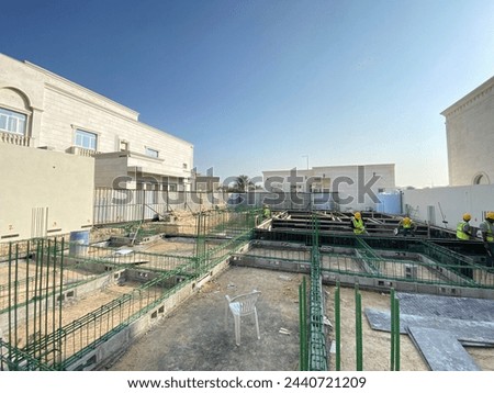 Ground beam shuttering work and ground beam reinforcement work of building, building sub structure work Royalty-Free Stock Photo #2440721209