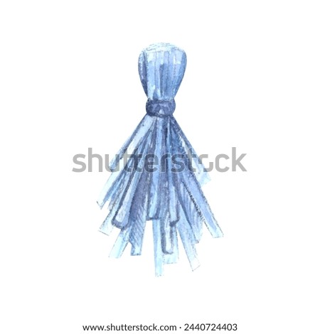 Tassels gift flag party watercolor drawing. Present birthday decoration festival blue. Anniversary holiday celebration object. Isolated white background. Aquarelle toy paper rope hanging knot fabric