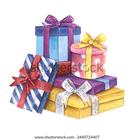 Present birthday box watercolor drawing gift. Anniversary holiday celebration object dotted pink purple. Decoration ribbon isolated on white background. Aquarelle party greeting wrapped bow pile blue